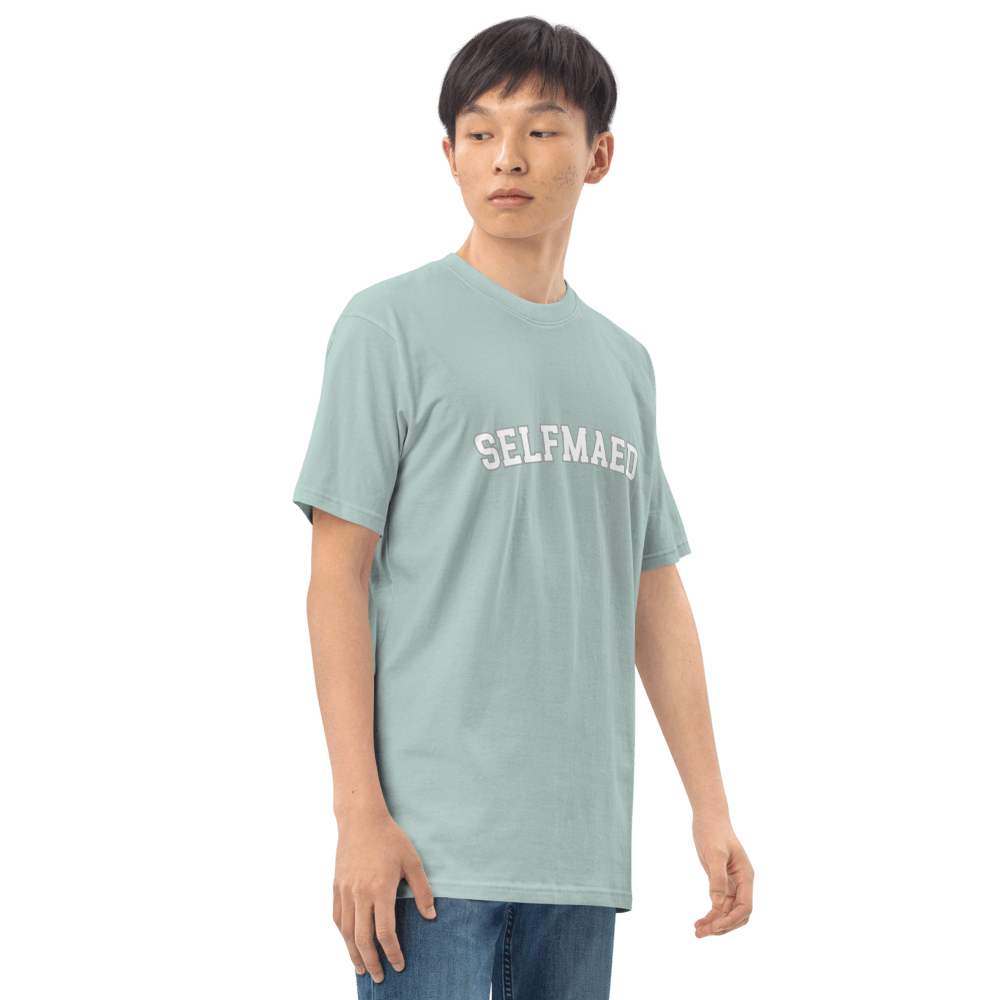 Selfmaed Essential Tee in soft organic cotton, model wearing a premium light green t-shirt, showcasing a stylish fit.