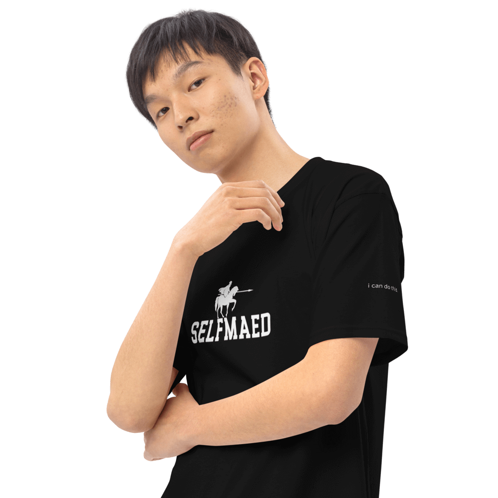 Model wearing Selfmaed Premium Tee in black, showcasing its stylish design and comfortable fit.