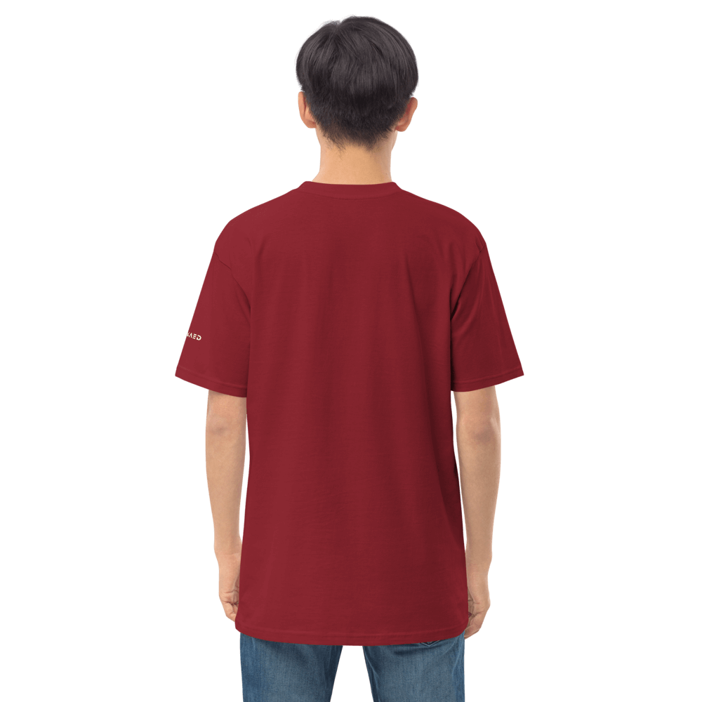 Back view of a man wearing a premium organic cotton essential tee in maroon color, perfect for casual style.