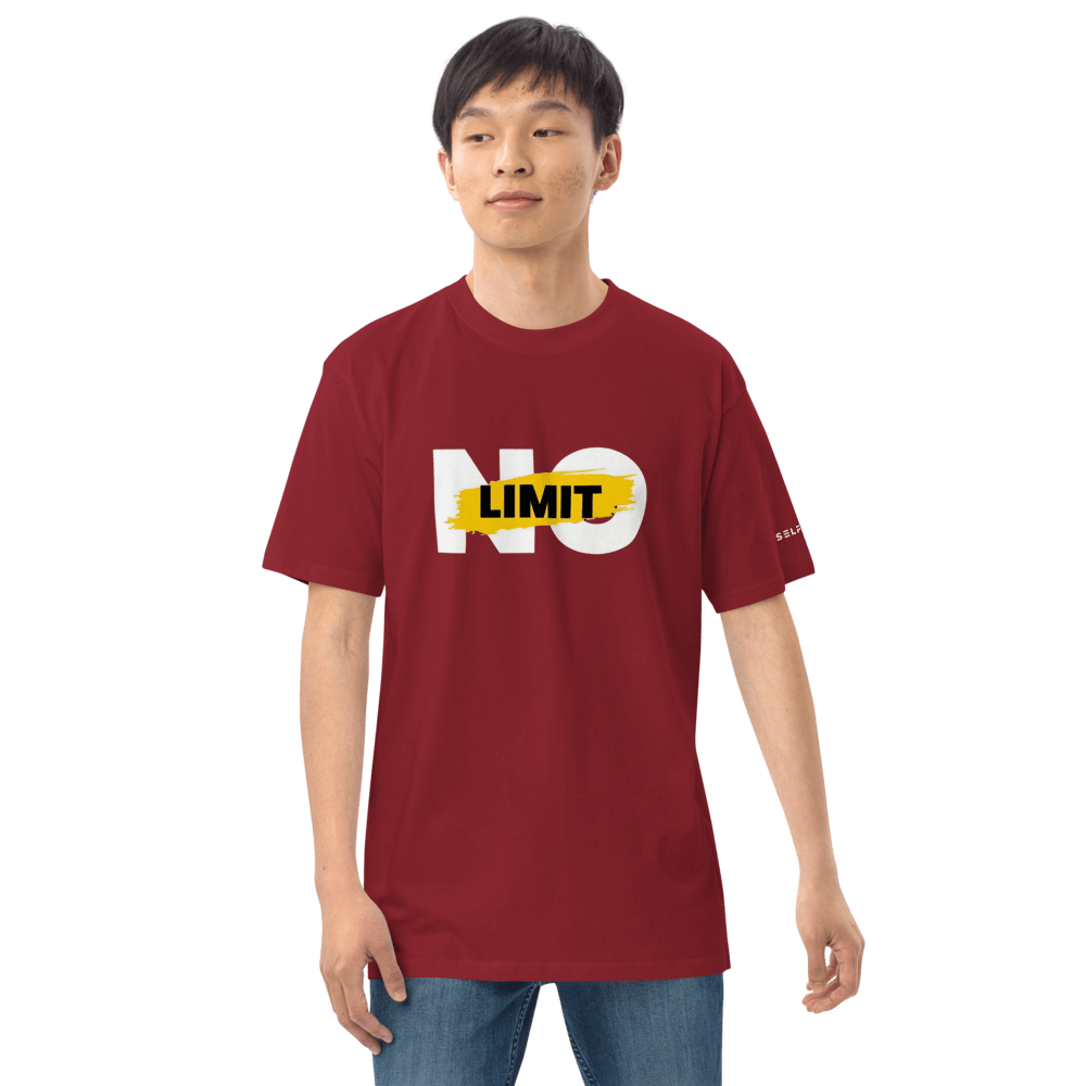 Essential maroon tee with 'NO LIMIT' graphic, made from soft organic cotton for premium comfort and style.