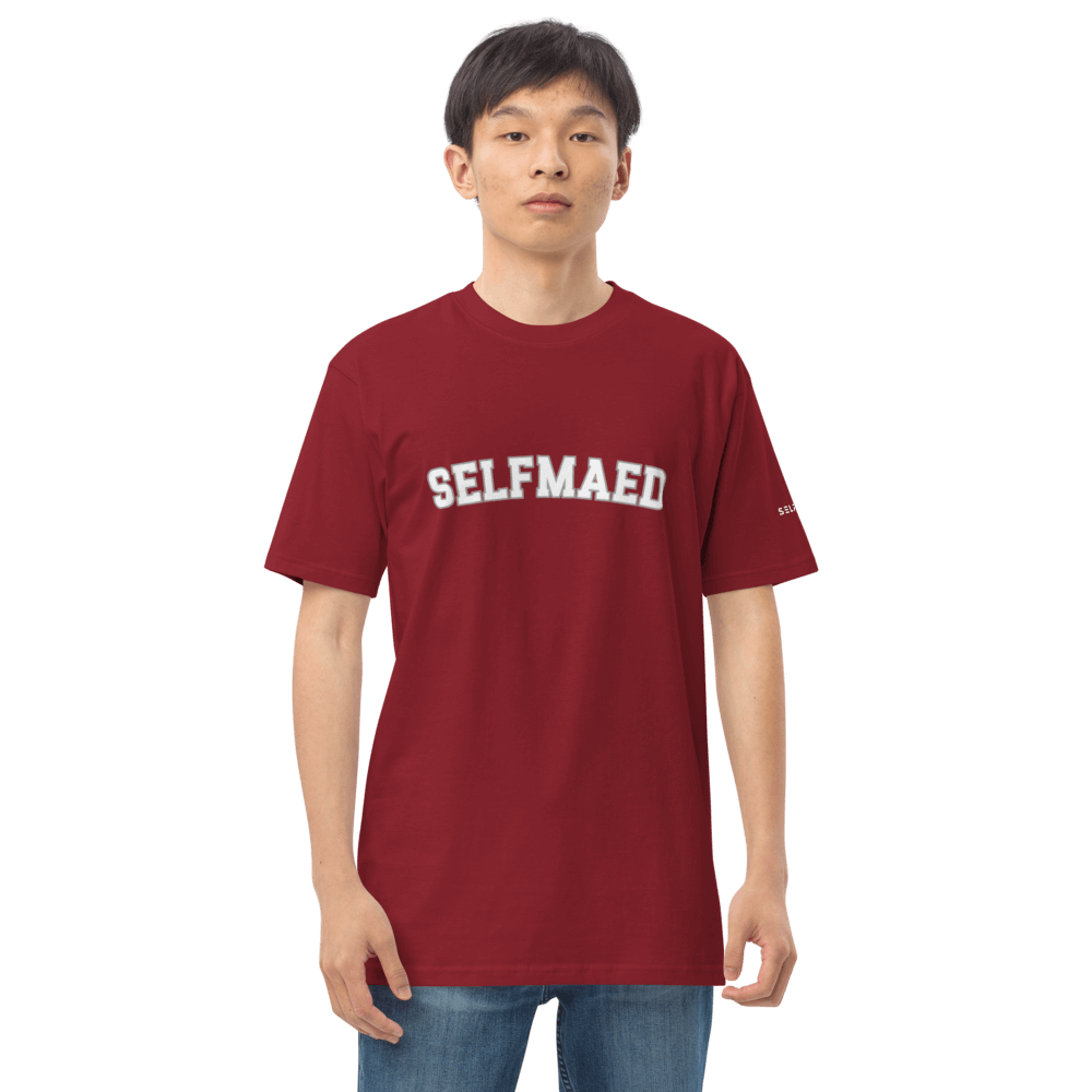 Model wearing Selfmaed Essential Tee in maroon, showcasing premium cotton t-shirt for stylish everyday wear.