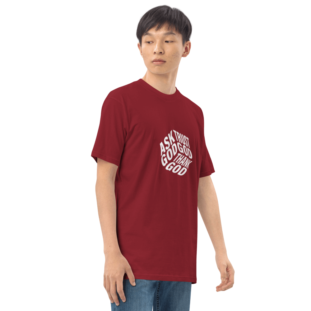 Man wearing a premium maroon graphic tee made of organic cotton, showcasing a bold statement design.