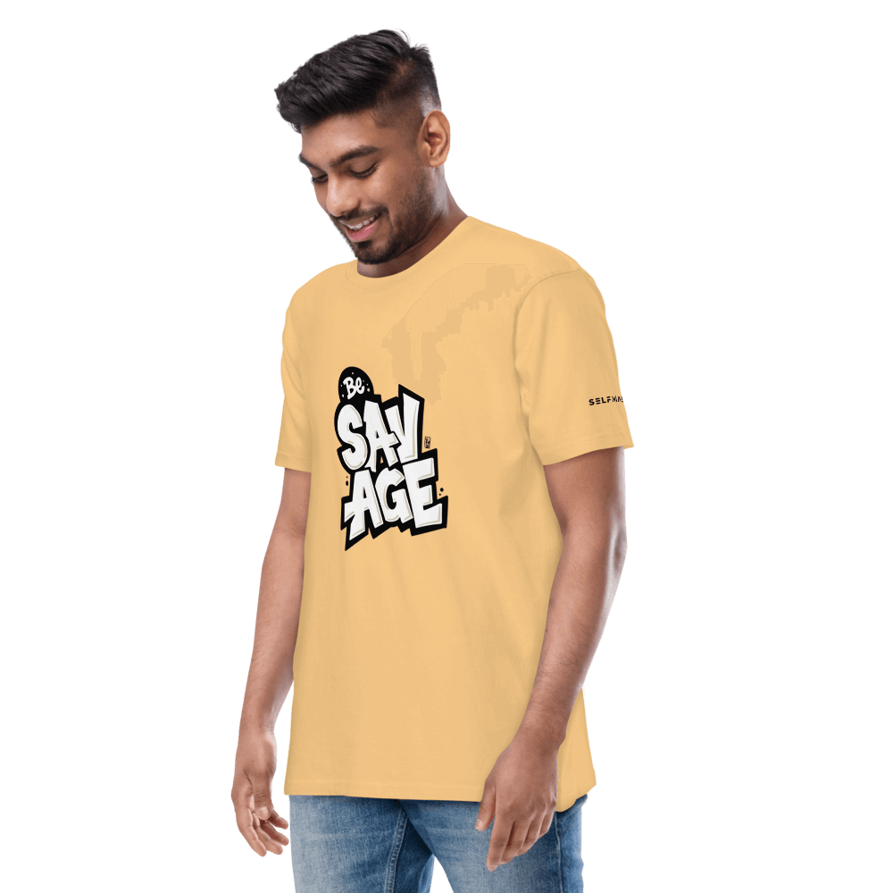 Savage motivational tee in yellow, featuring bold graphics and a relaxed fit, made from premium organic cotton.