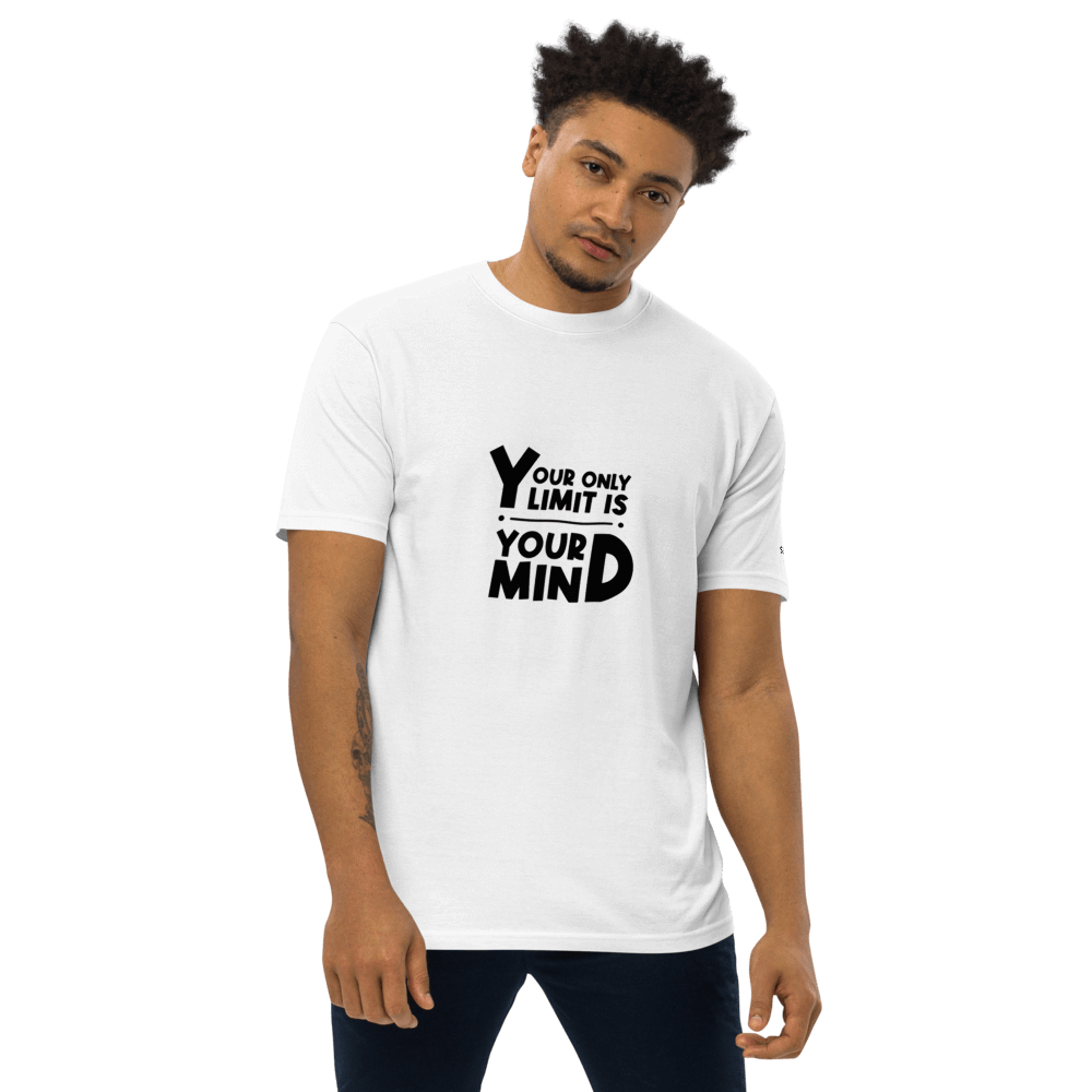 Model wearing a white tee with motivational text 'Your only limit is your mind', made from premium organic cotton.