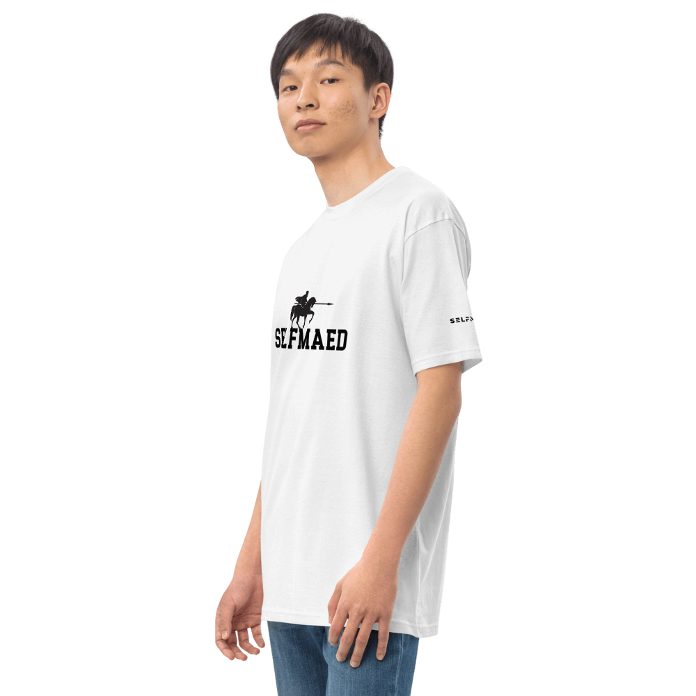 Selfmaed premium tee in white worn by a model, showcasing a refined fit and stylish design, made from organic cotton.
