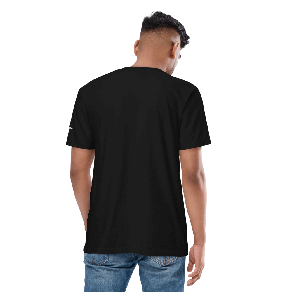 Back view of a man wearing a premium black Hustler's Tee made of organic cotton, showcasing stylish apparel.