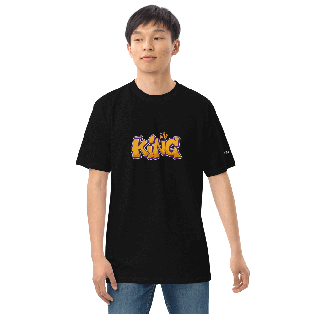 Men's heavyweight black tee featuring 'KING' design, made from organic cotton for premium comfort and style.