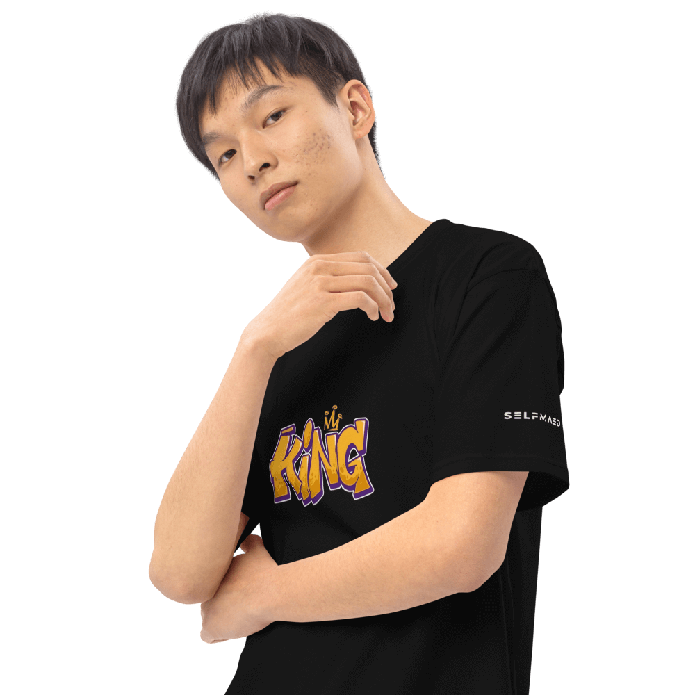 Selfmaed Black King T-shirt in premium organic cotton, worn by model, showcasing stylish design and comfortable fit.