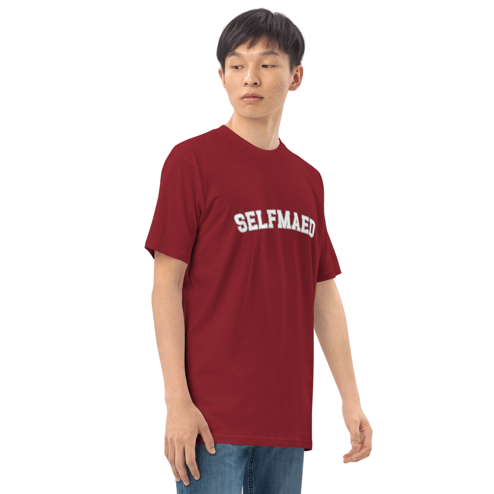 Selfmaed Essential Tee in burgundy worn by a model, made of premium organic cotton for comfortable style.