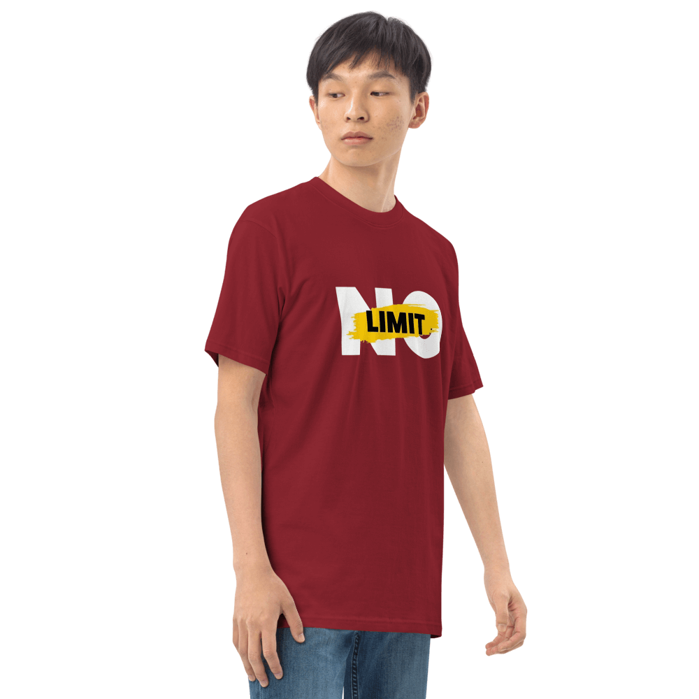 Essential maroon tee featuring bold 'NO LIMIT' graphic, crafted from soft organic cotton for stylish comfort.