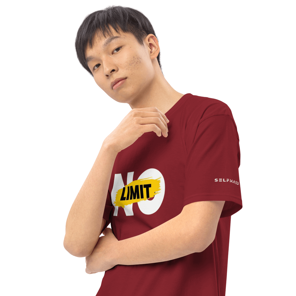 Maroon essential tee featuring 'NO LIMIT' print, perfect for stylish layering or solo wear in premium organic cotton.