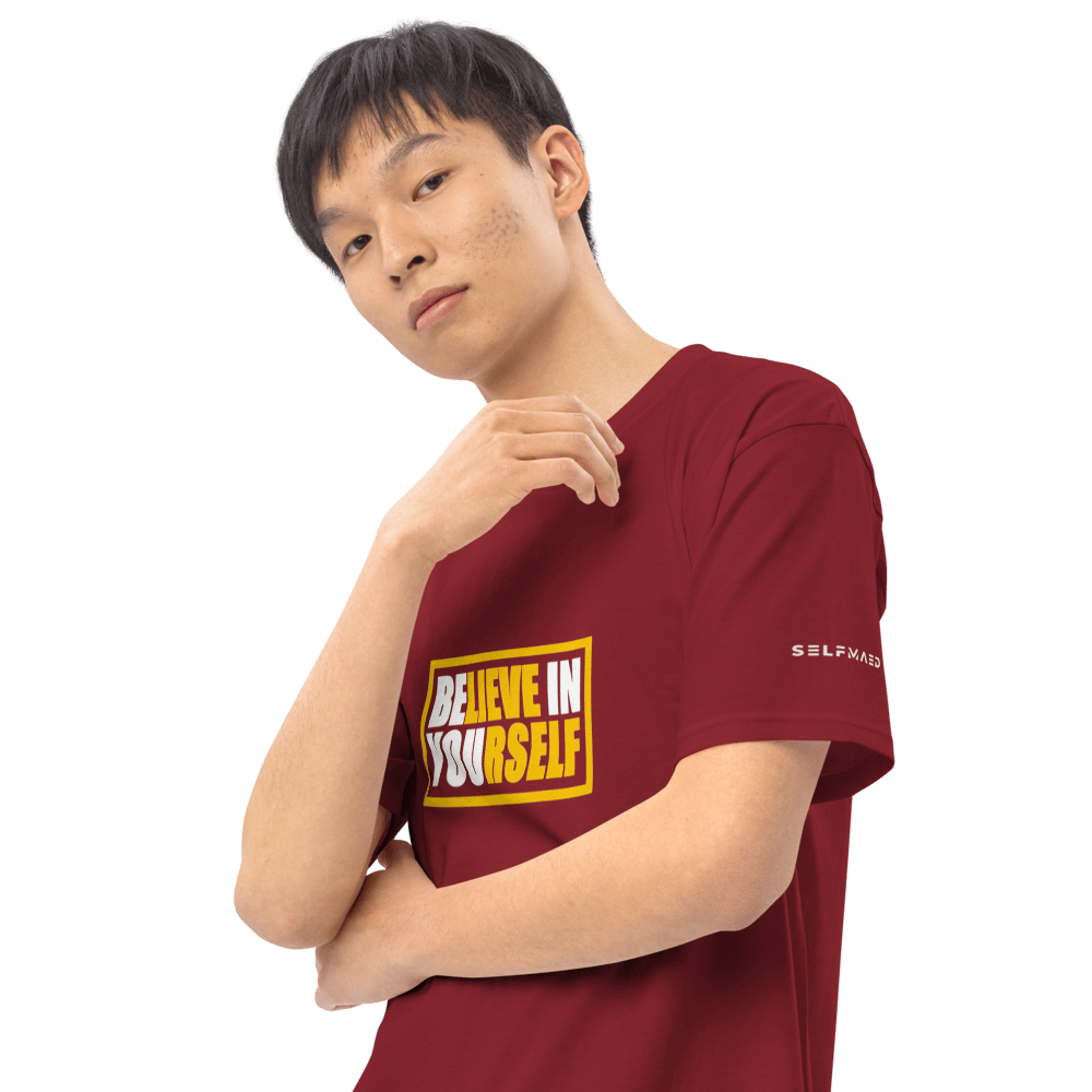 Maroon graphic tee with 'Believe in Yourself' print, perfect for casual outfits in premium organic cotton.