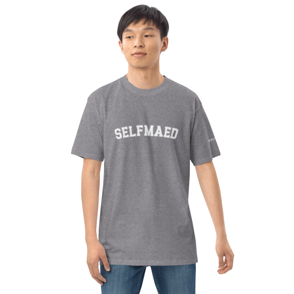 Model wearing Selfmaed Essential Tee in gray, crafted from organic cotton for premium comfort and style.