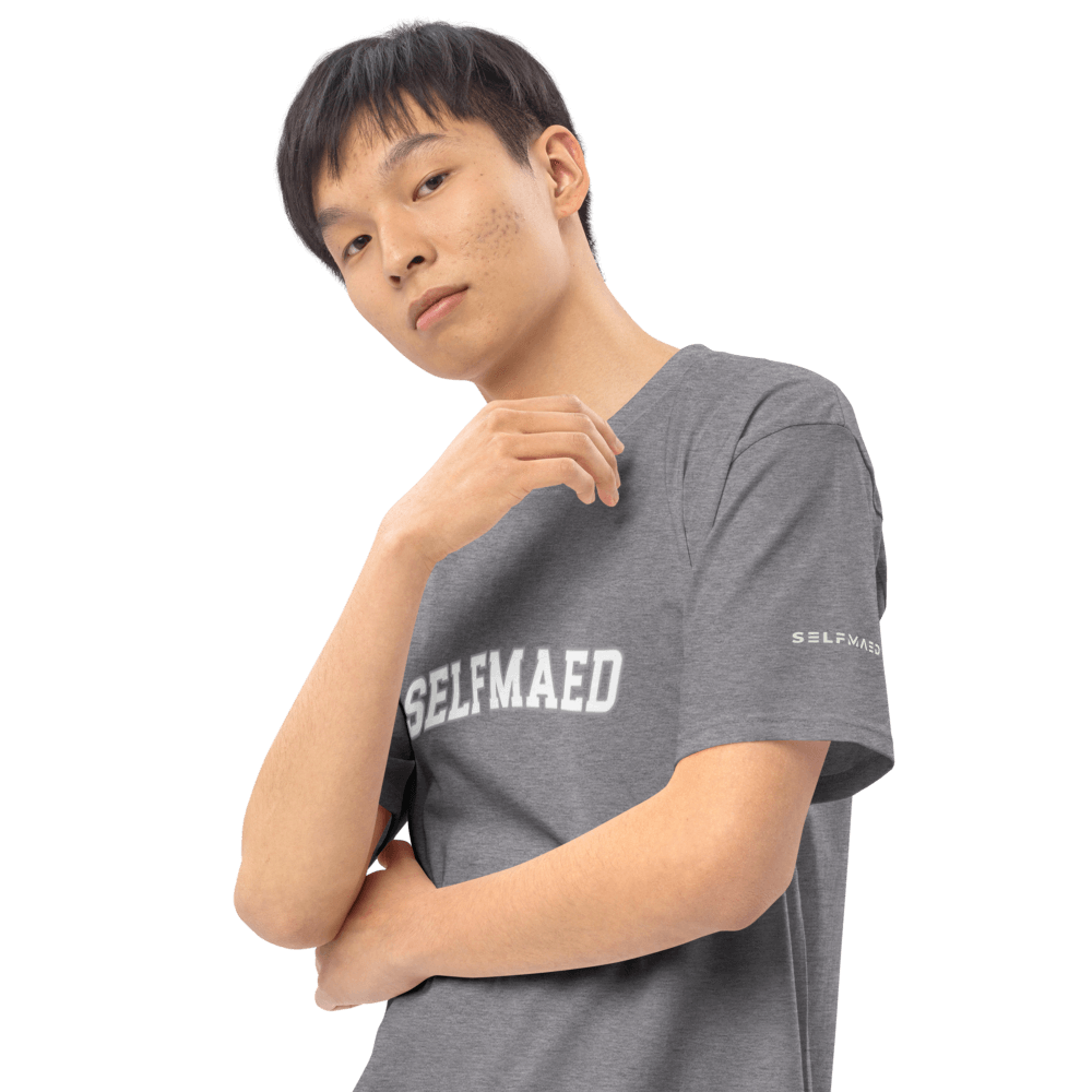 Model wearing Selfmaed Essential Tee, a premium organic cotton t-shirt, showcasing stylish and comfortable apparel.