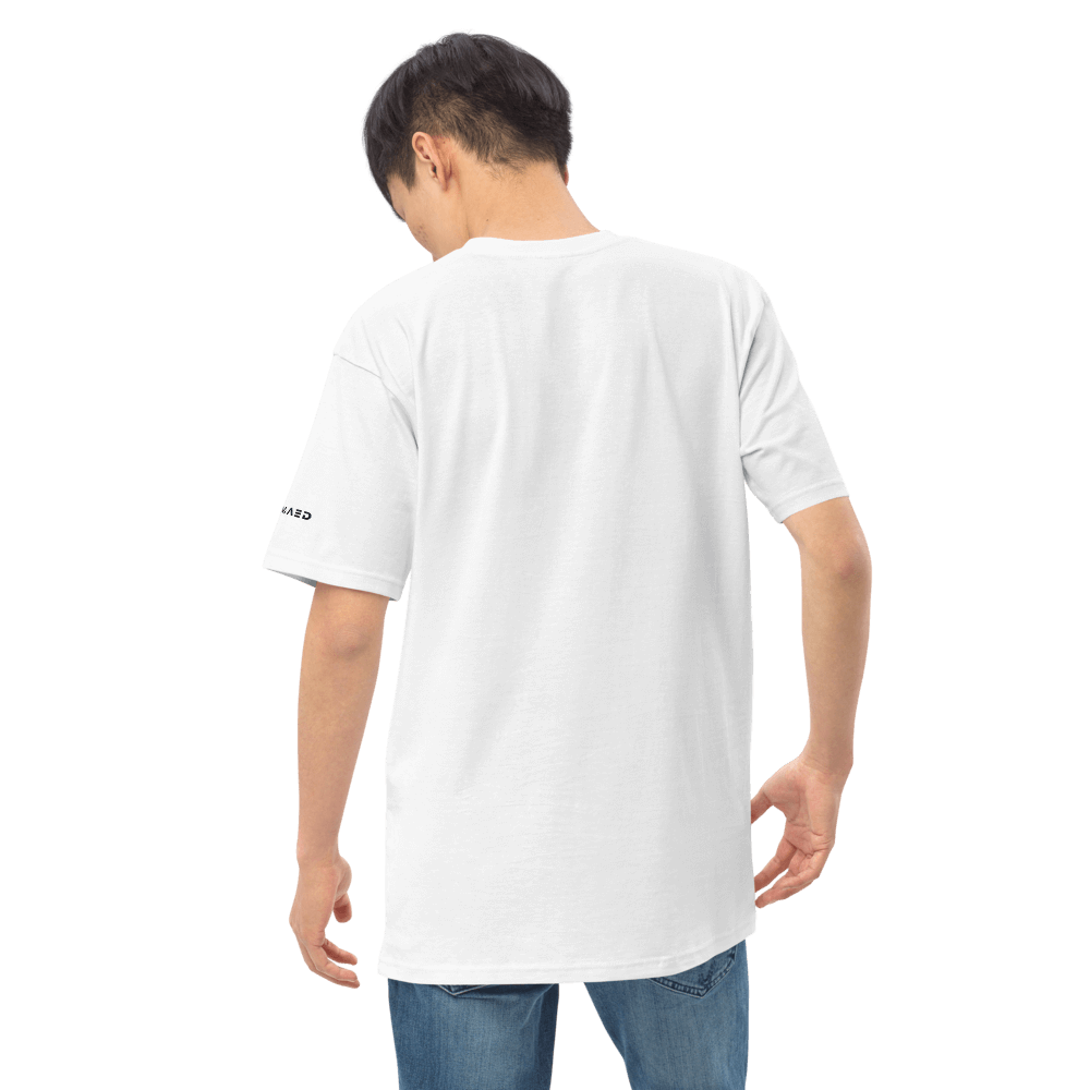 Back view of a man wearing a selfmade premium tee made from organic cotton, perfect for casual outfits.