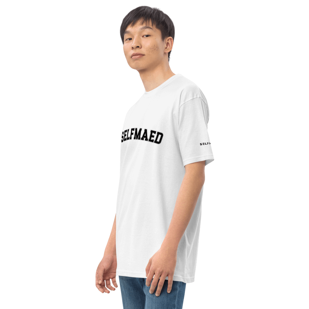 Model wearing Selfmaed Premium Tee in white, made of 100% organic cotton, showcasing a classy fit.