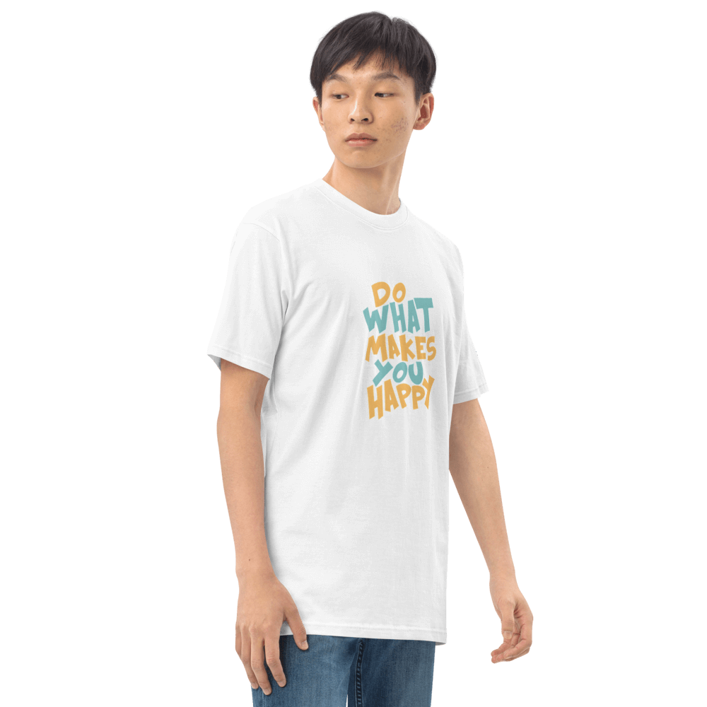 Model wearing a white tee with colorful text saying 'Do What Makes You Happy', showcasing casual apparel style.