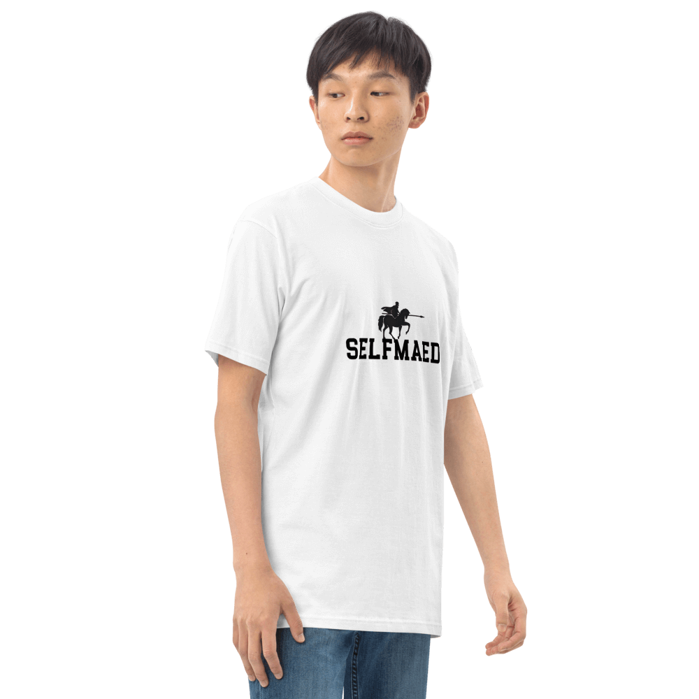 Model wearing a Selfmaed Premium Tee made of organic cotton, showcasing a refined fit and stylish design.