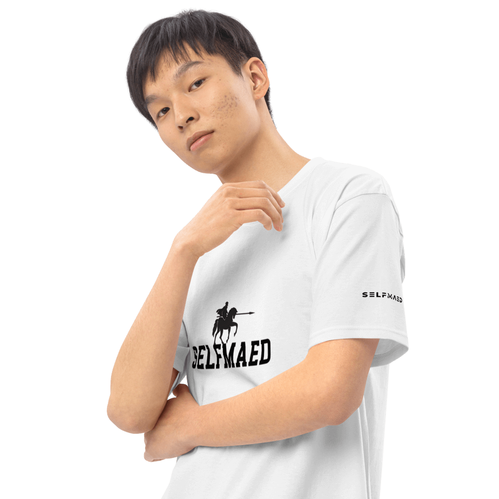 Selfmaed premium tee in white featuring a stylish design, made of 100% organic cotton for comfort and durability.