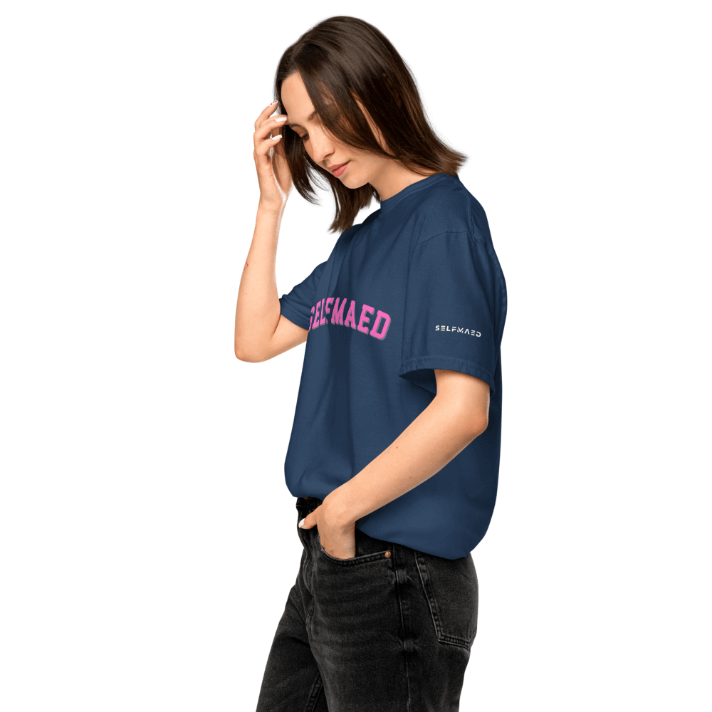 Model wearing a navy selfmade tee in premium organic cotton, showcasing the stylish unisex design.