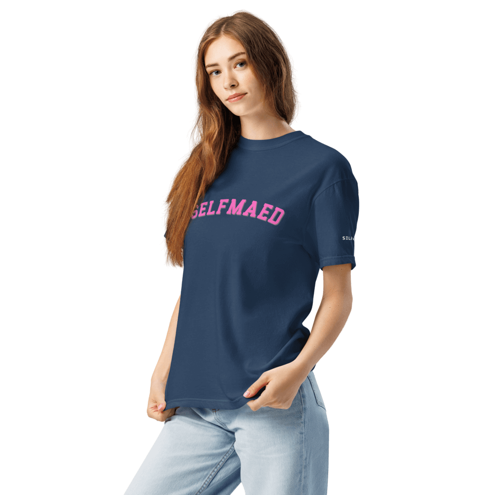 Model wearing a premium navy selfmaed tee made from organic cotton, showcasing a stylish, unisex design.